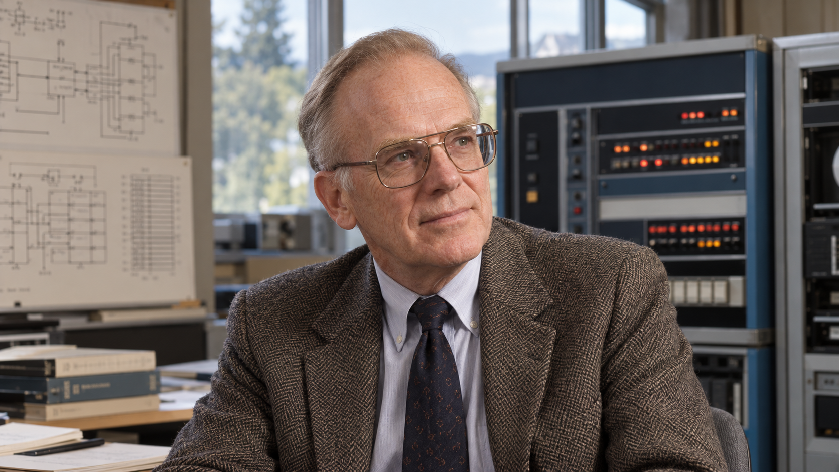 AI-generated realistic editorial portrait of C. Gordon Bell in a technology-focused setting