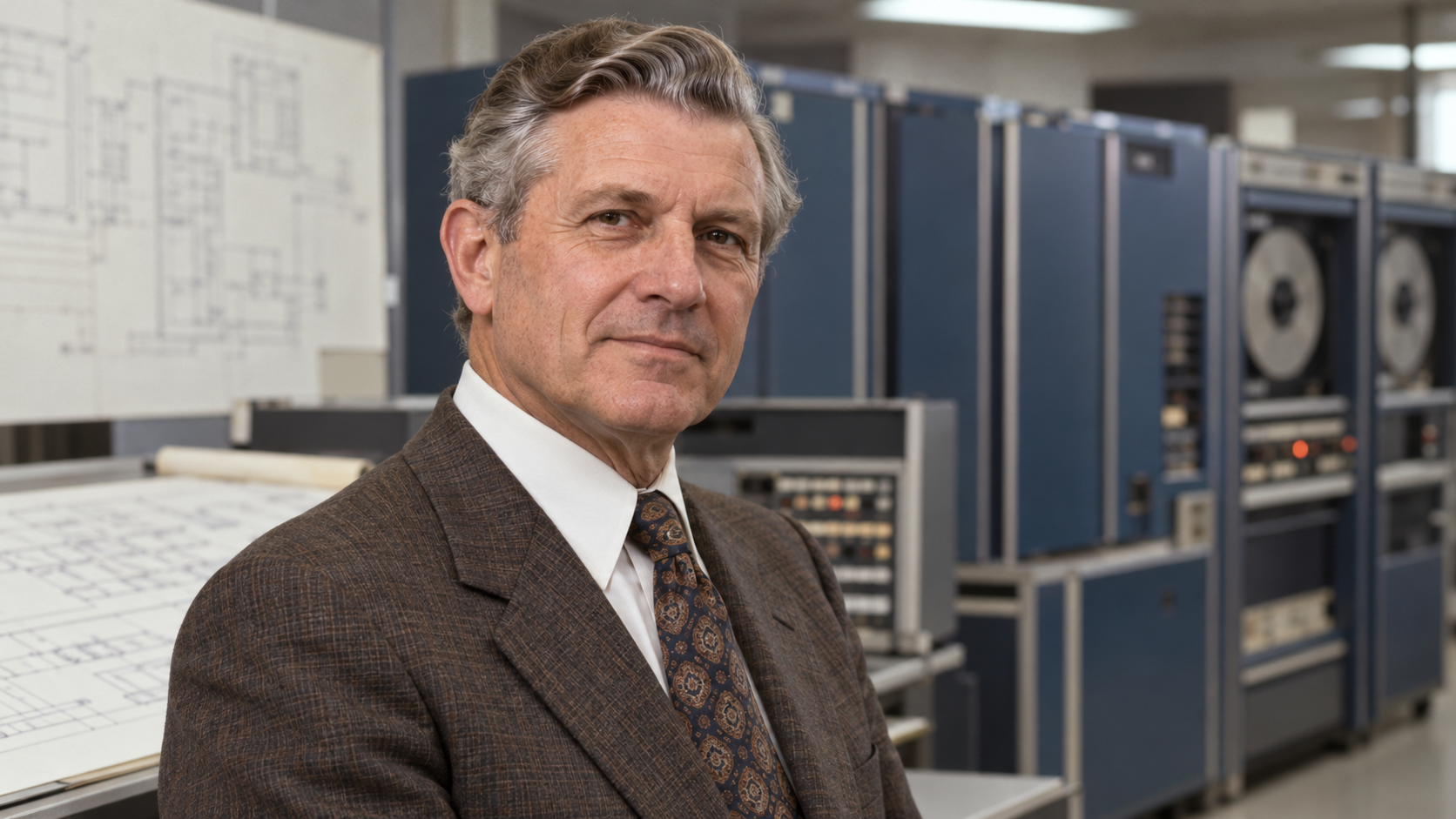 AI-generated realistic editorial portrait of Gene Amdahl in a technology-focused setting