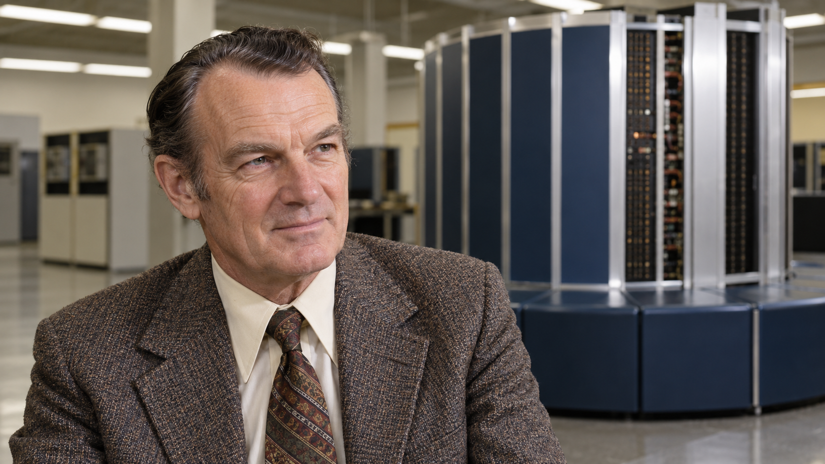 AI-generated realistic editorial portrait of Seymour Cray in a technology-focused setting