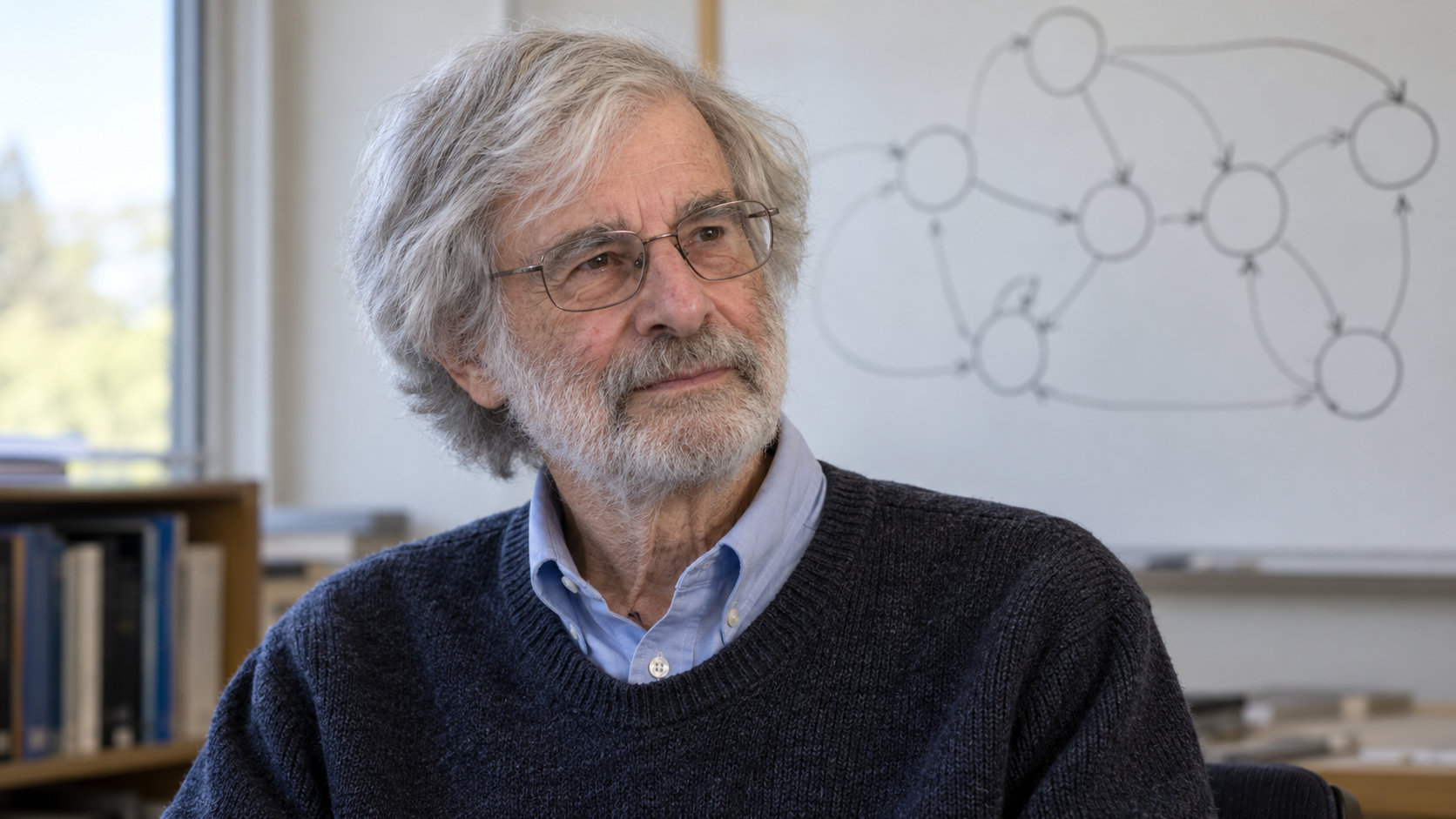 AI-generated realistic editorial portrait of Leslie Lamport in a technology-focused setting