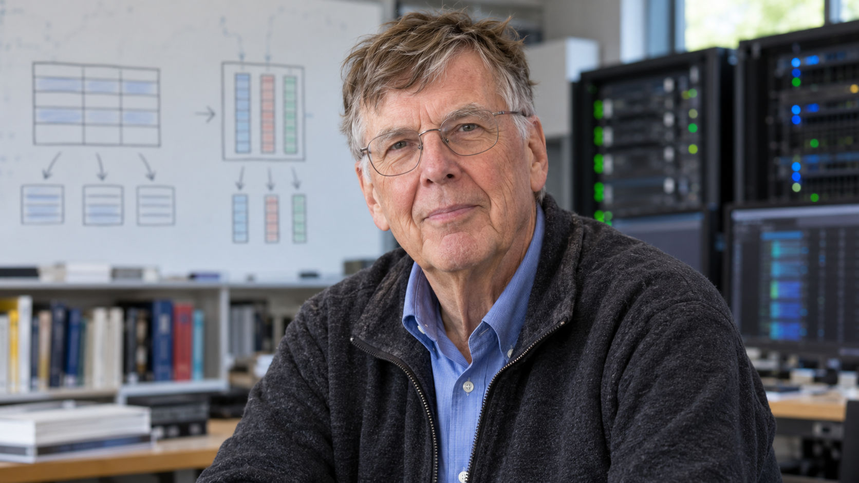 AI-generated realistic editorial portrait of Michael Stonebraker in a technology-focused setting