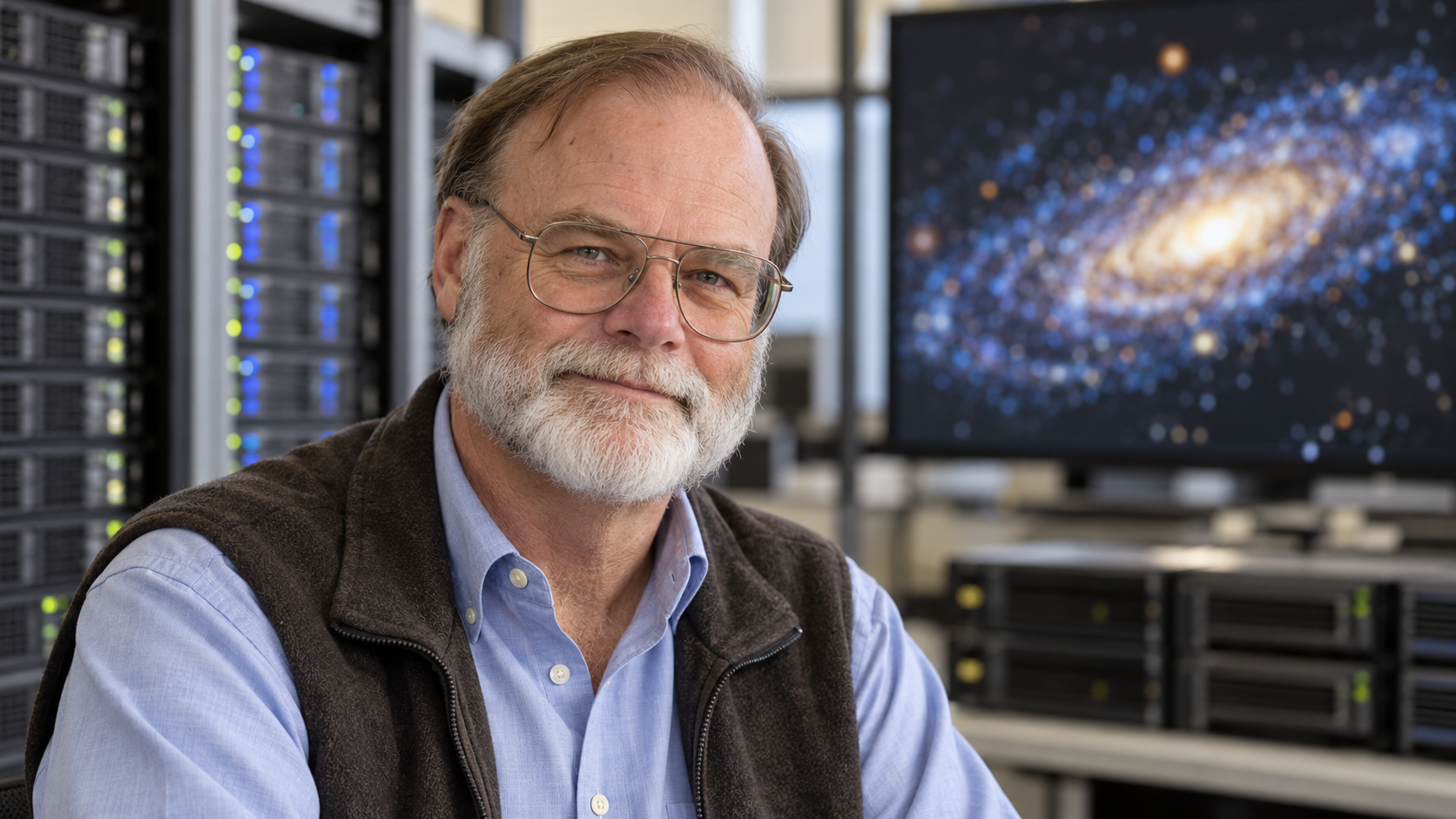 AI-generated realistic editorial portrait of Jim Gray in a technology-focused setting