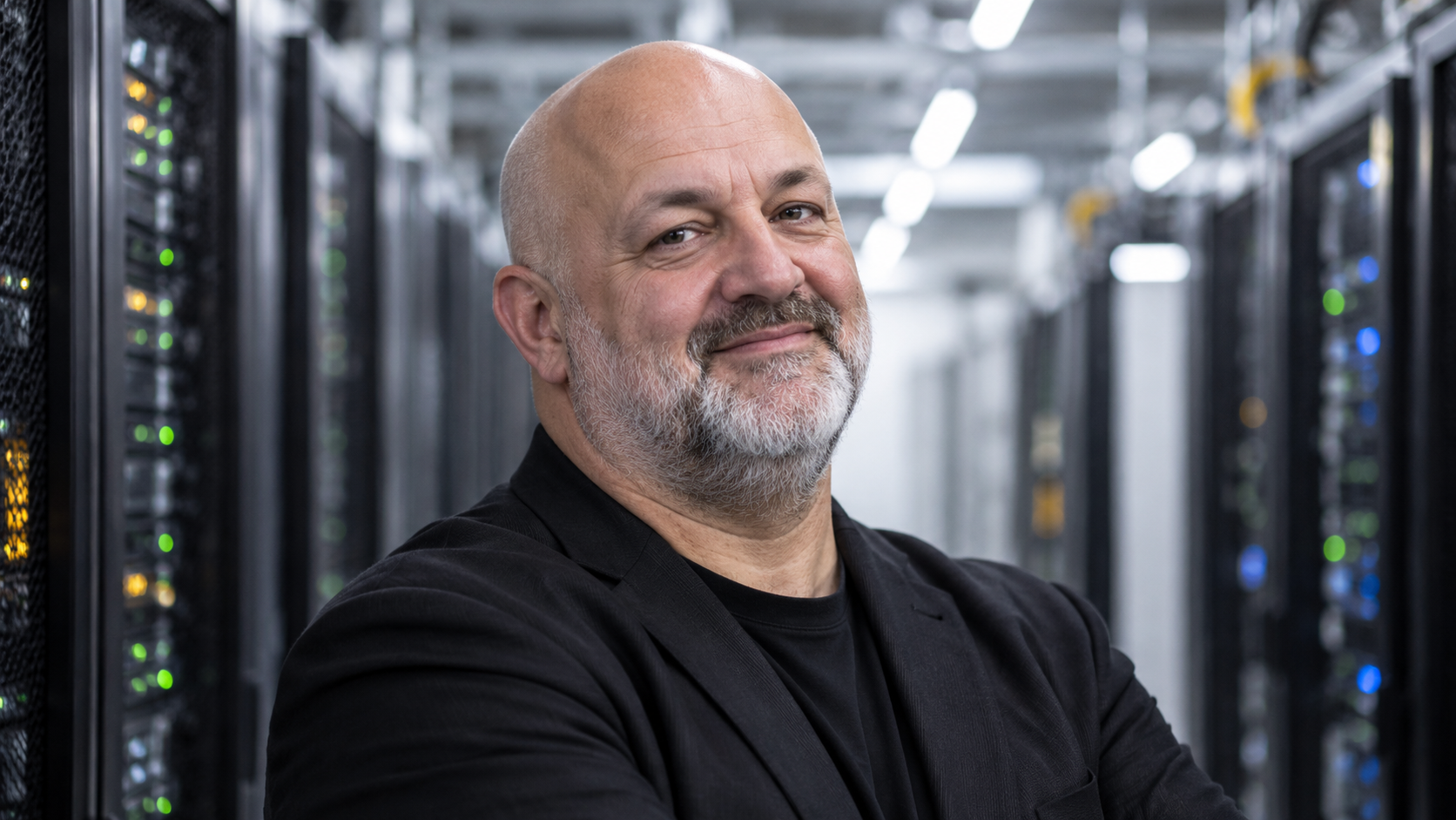 AI-generated realistic editorial portrait of Werner Vogels in a technology-focused setting