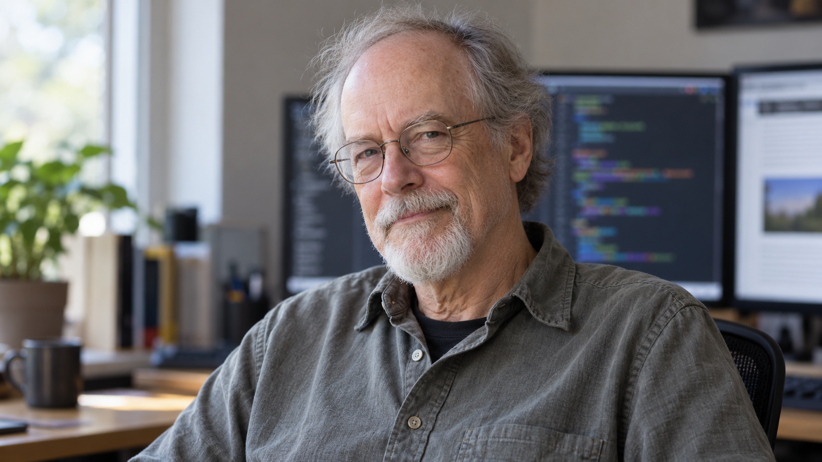 AI-generated realistic editorial portrait of Douglas Crockford in a technology-focused setting