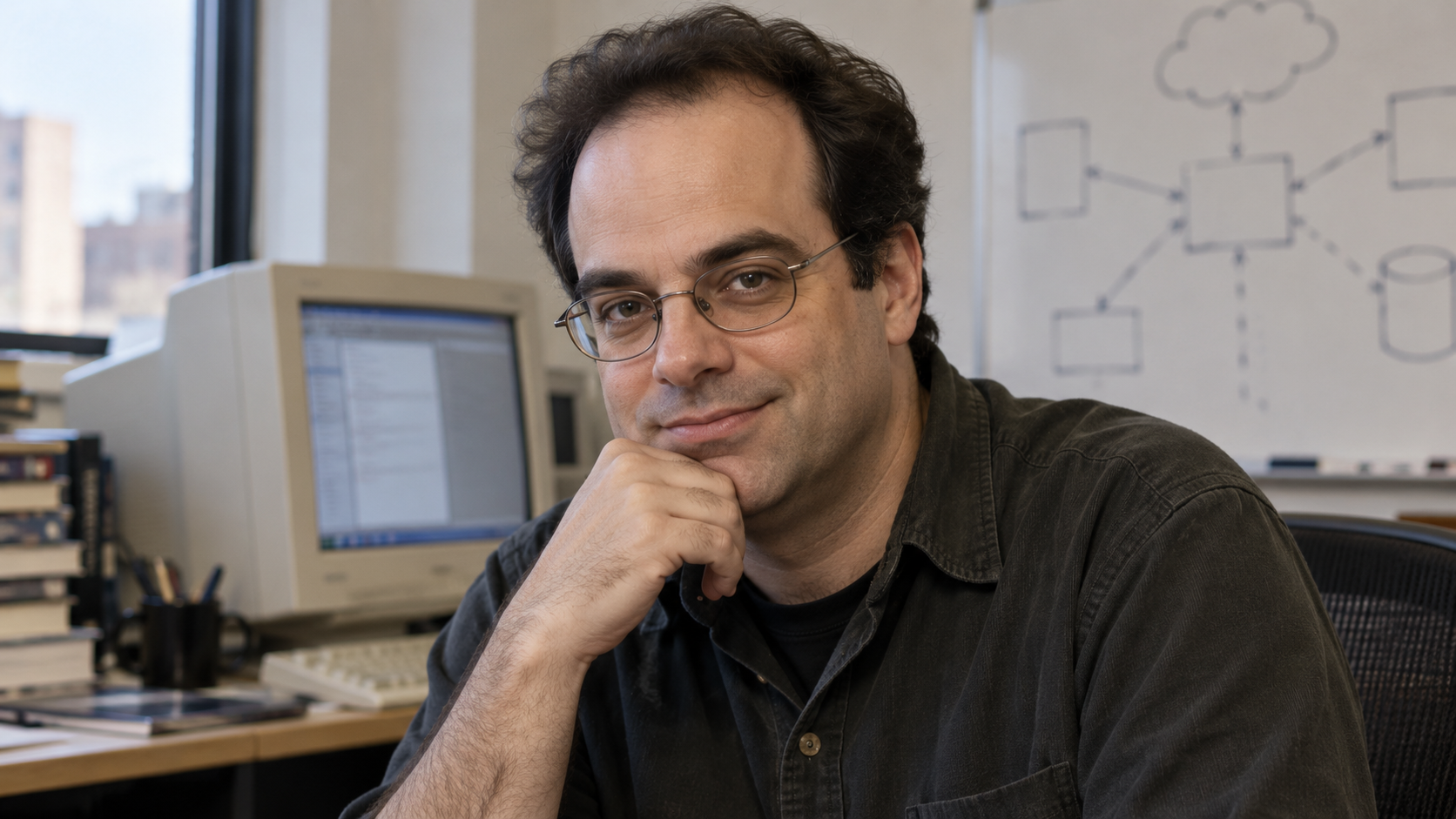 AI-generated realistic editorial portrait of Joel Spolsky in a technology-focused setting