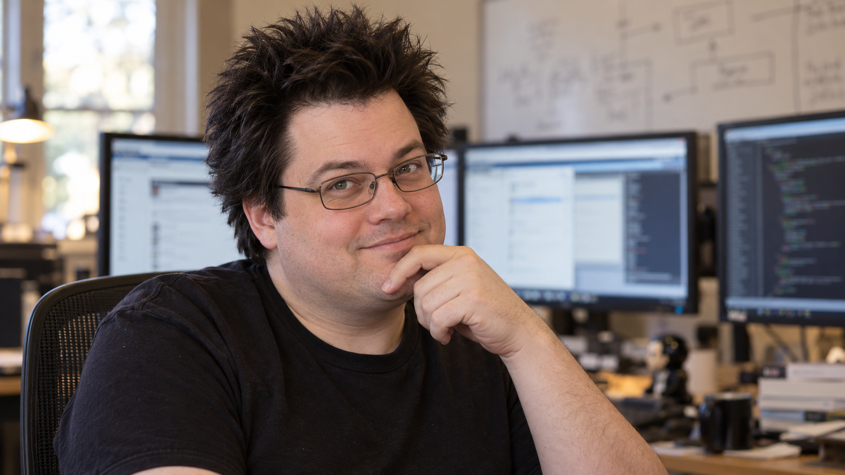 AI-generated realistic editorial portrait of Jeff Atwood in a technology-focused setting