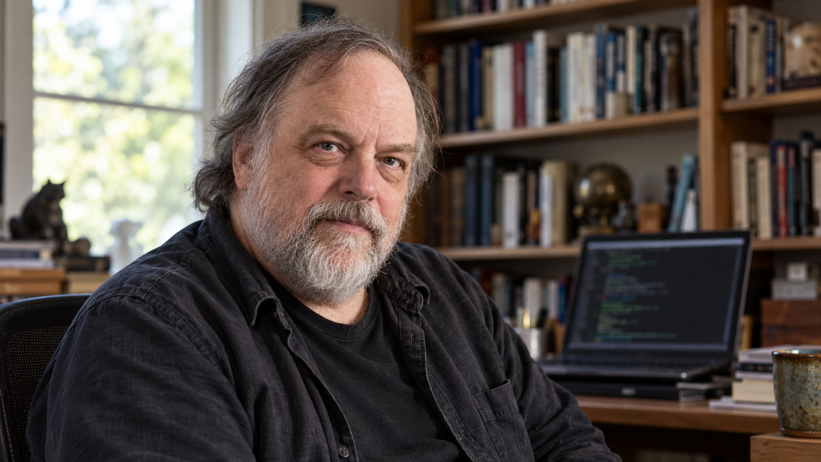 AI-generated realistic editorial portrait of Eric S. Raymond in a technology-focused setting