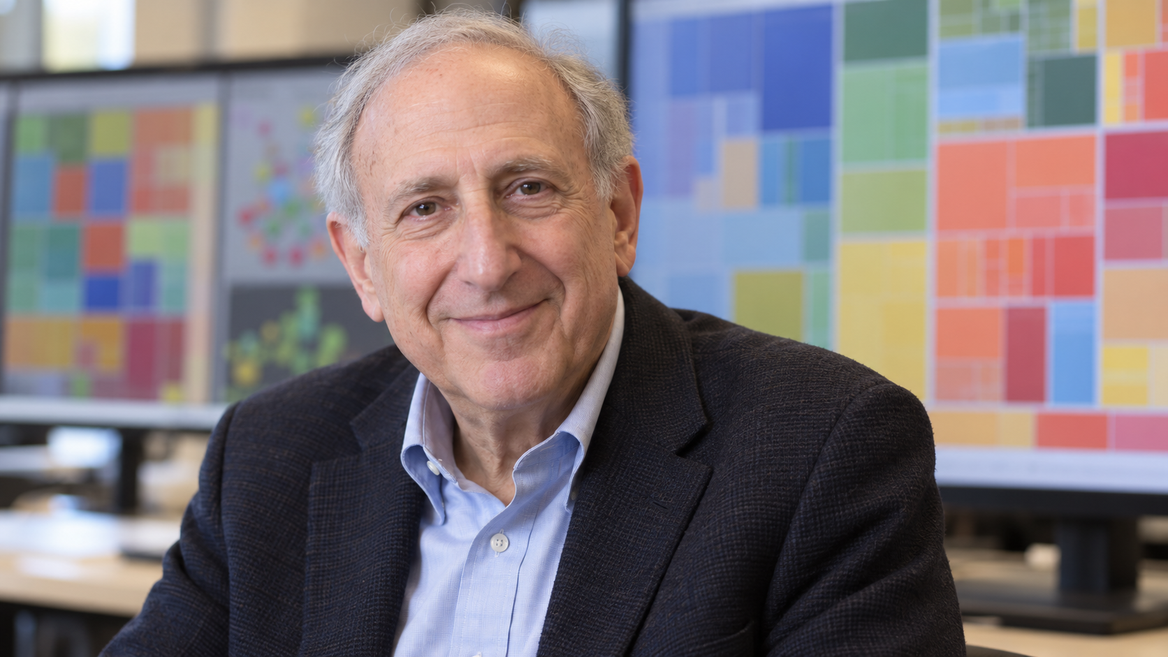 AI-generated realistic editorial portrait of Ben Shneiderman in a technology-focused setting