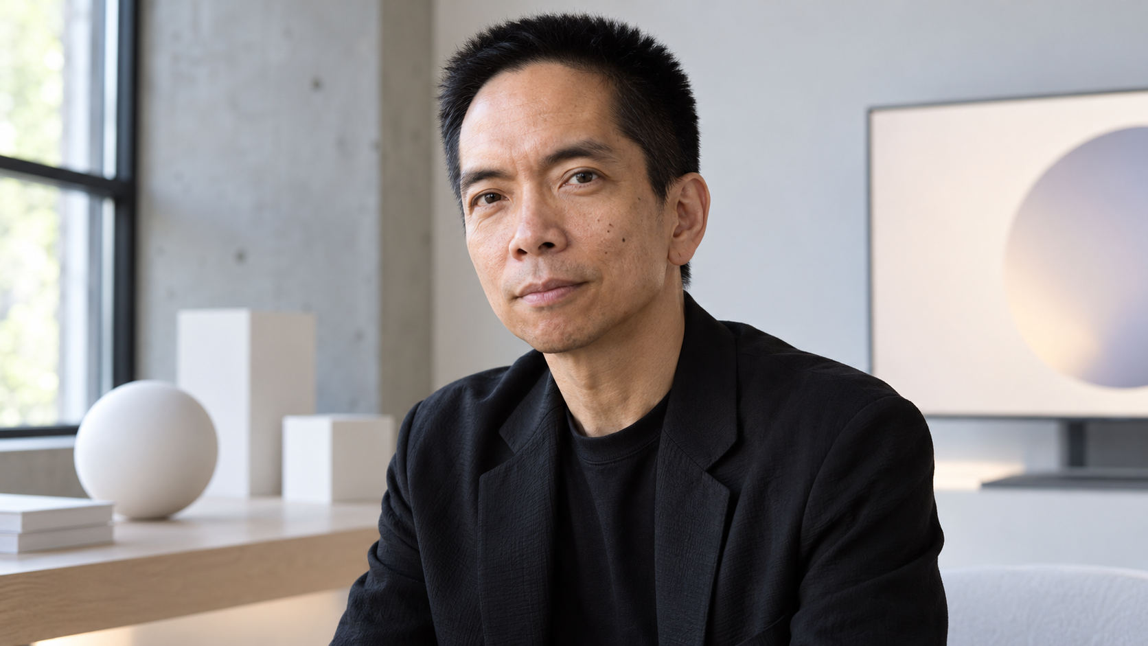 AI-generated realistic editorial portrait of John Maeda in a technology-focused setting