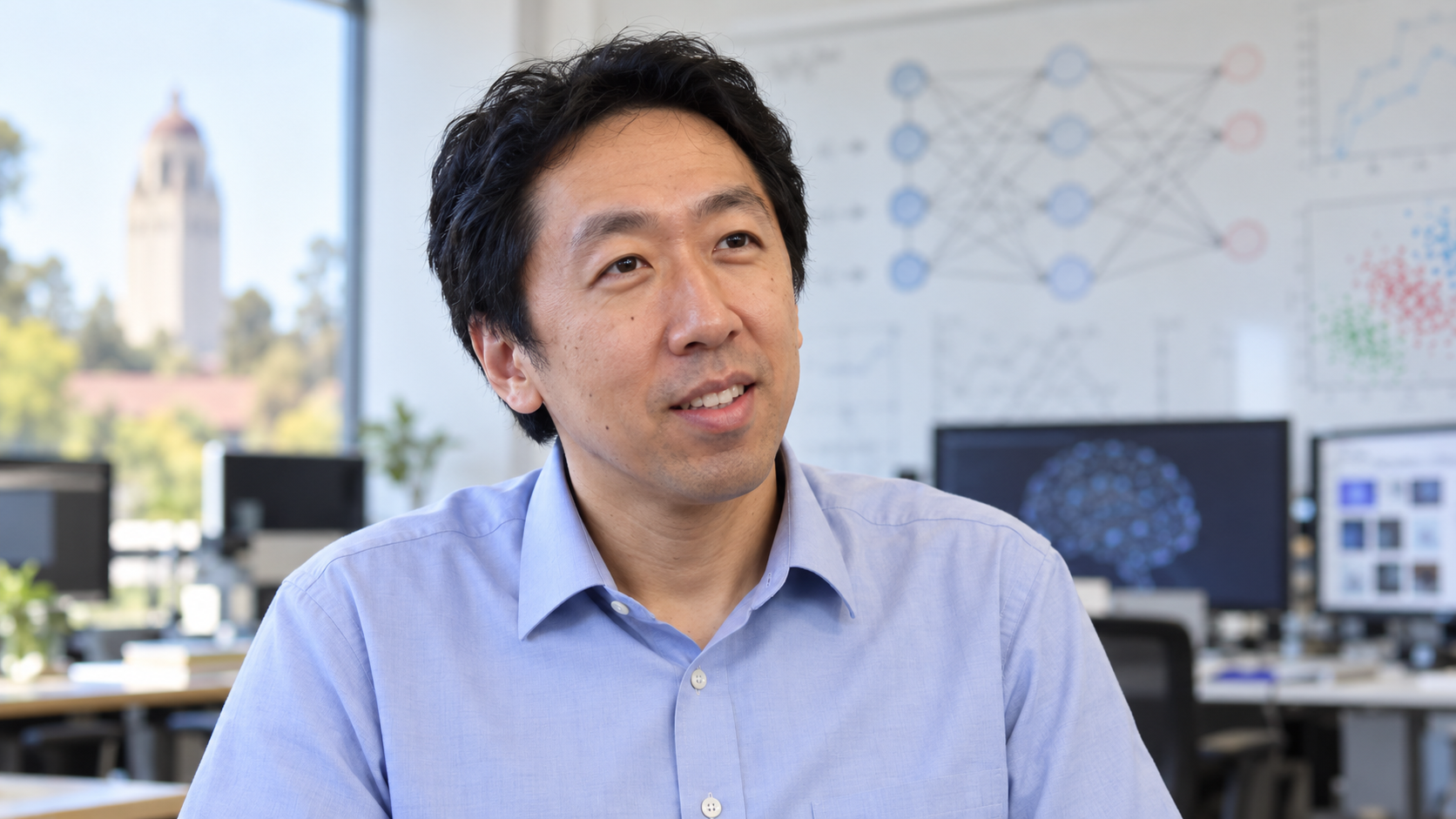 AI-generated realistic editorial portrait of Andrew Ng in a technology-focused setting