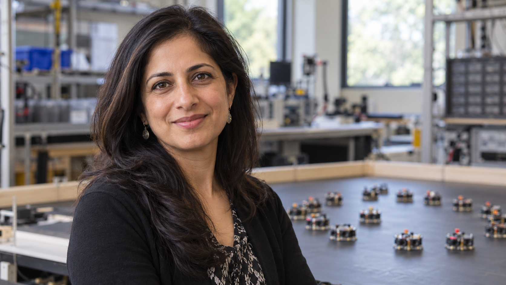 AI-generated realistic editorial portrait of Radhika Nagpal in a technology-focused setting
