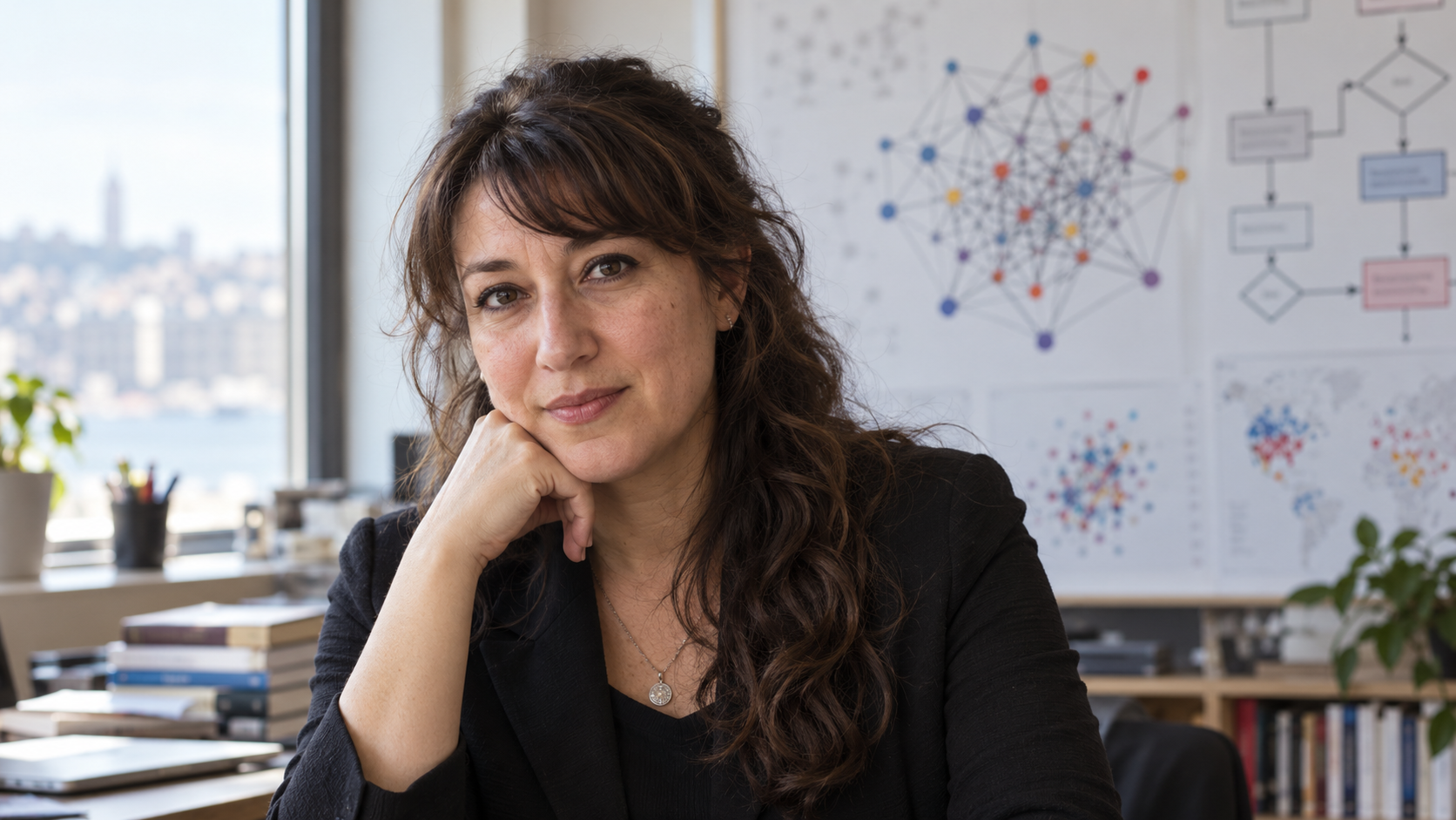 AI-generated realistic editorial portrait of Zeynep Tufekci in a technology-focused setting