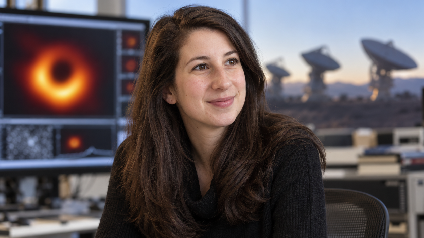 AI-generated realistic editorial portrait of Katie Bouman in a technology-focused setting