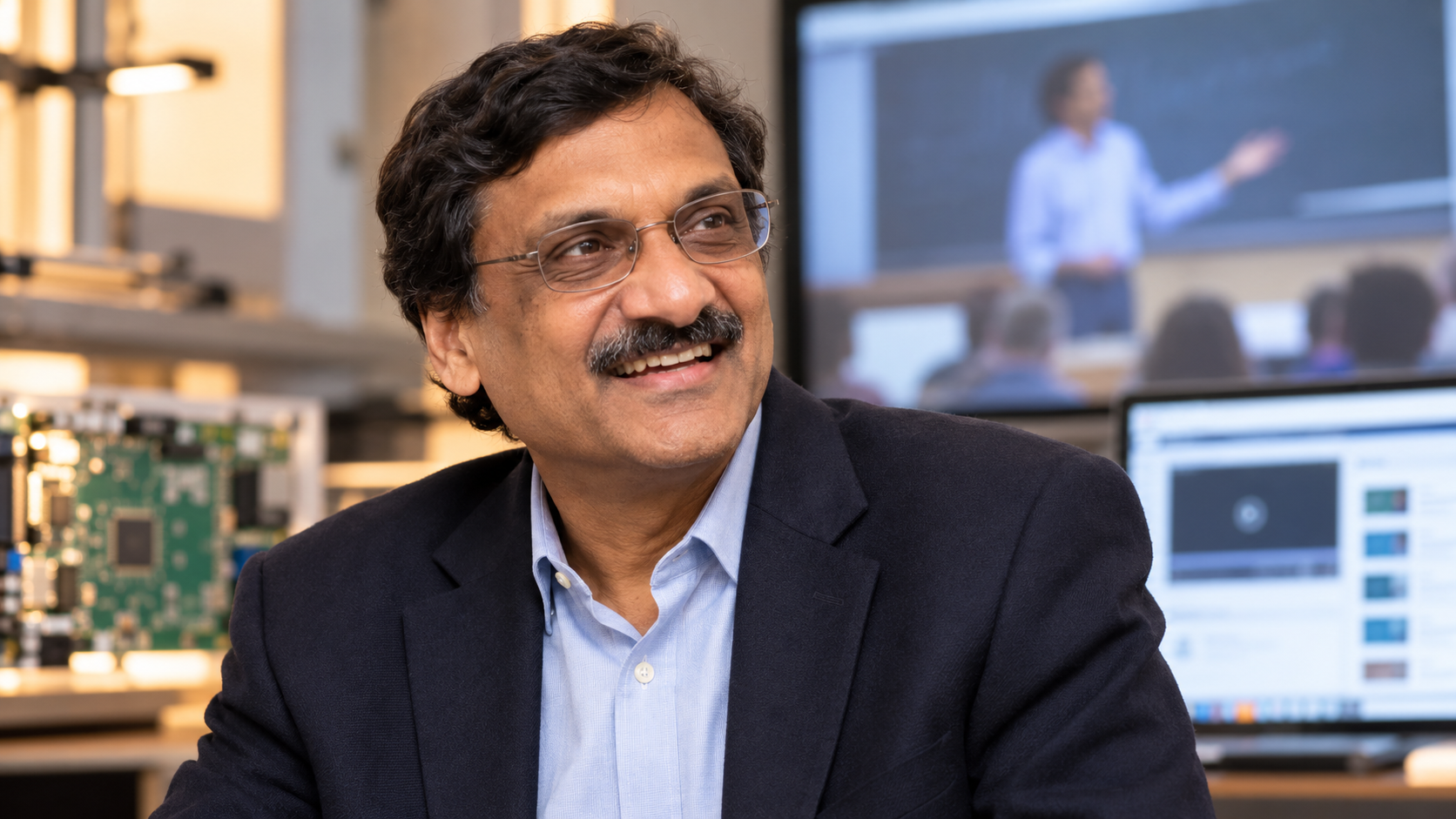 AI-generated realistic editorial portrait of Anant Agarwal in a technology-focused setting