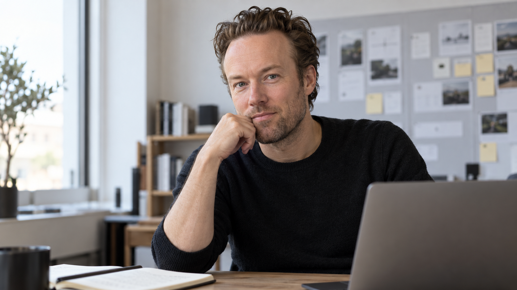 AI-generated realistic editorial portrait of David Heinemeier Hansson in a technology-focused setting