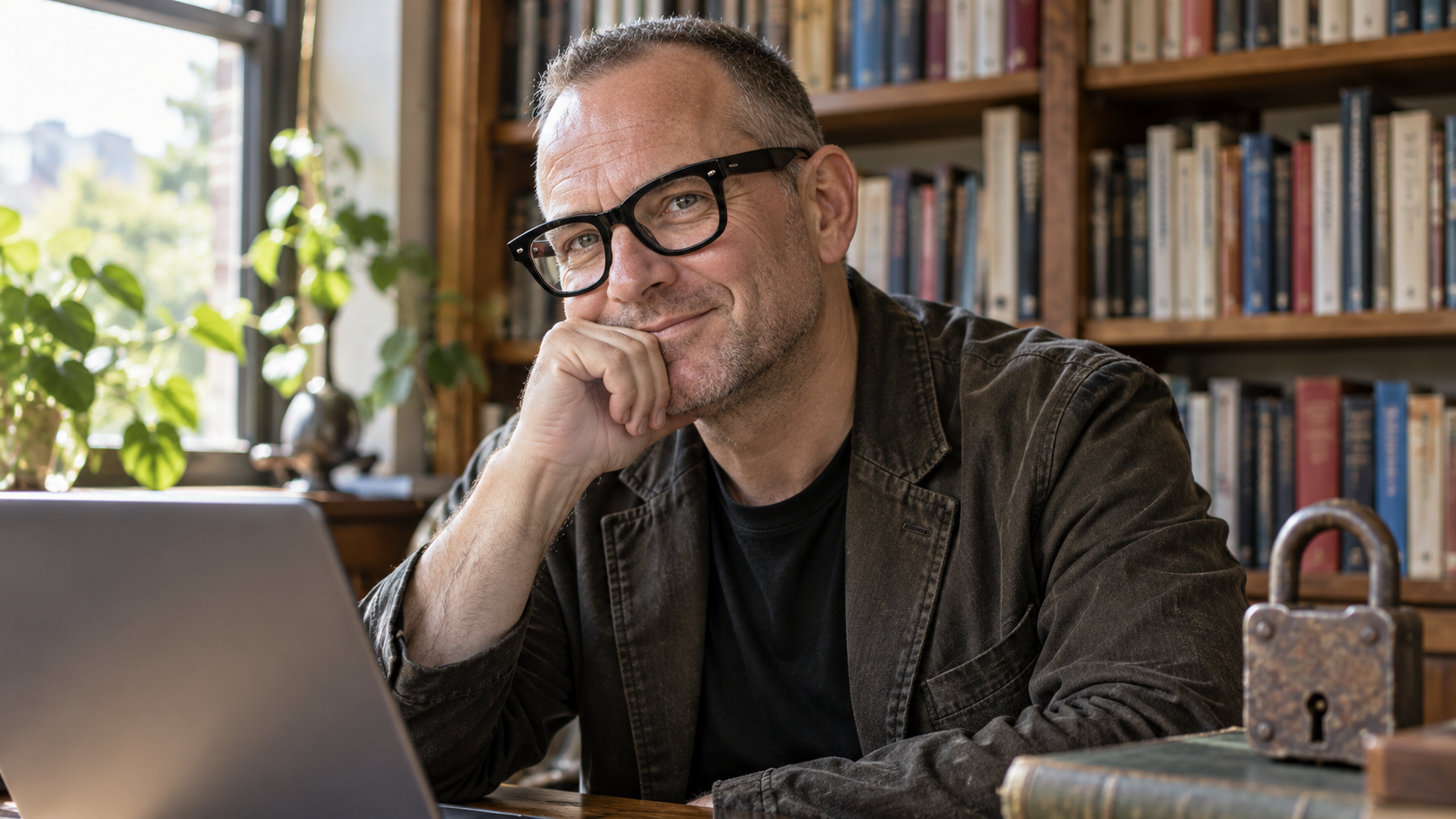 AI-generated realistic editorial portrait of Cory Doctorow in a technology-focused setting