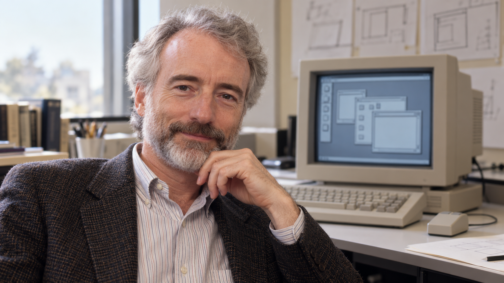 AI-generated realistic editorial portrait of Larry Tesler in a technology-focused setting