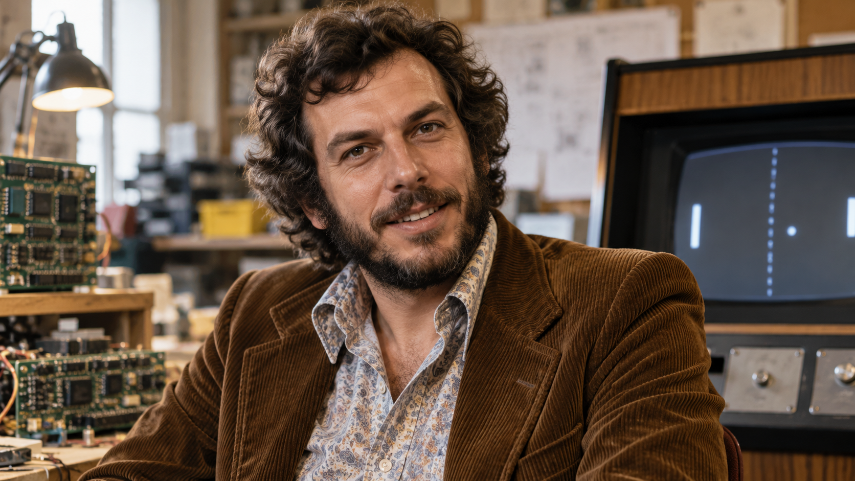 AI-generated realistic editorial portrait of Nolan Bushnell in a technology-focused setting