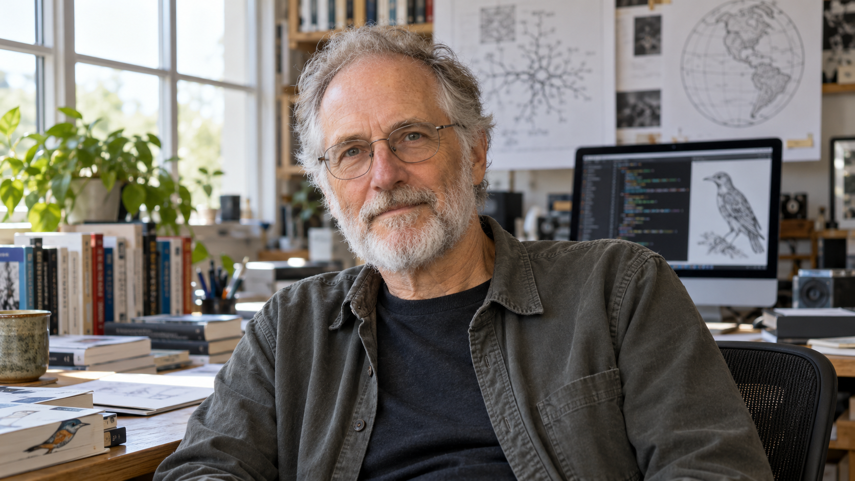 AI-generated realistic editorial portrait of Tim O’Reilly in a technology-focused setting
