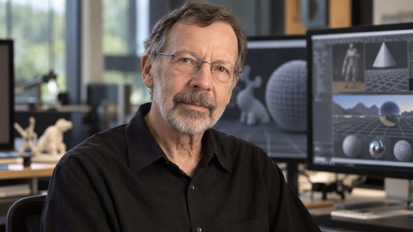 AI-generated realistic editorial portrait of Ed Catmull in a technology-focused setting