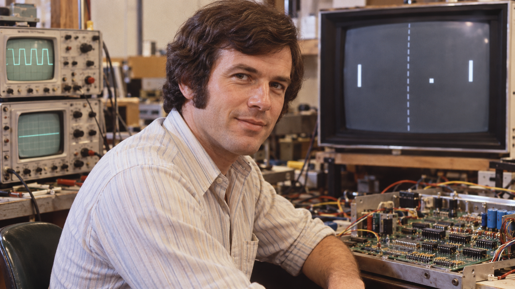 AI-generated realistic editorial portrait of Allan Alcorn in a technology-focused setting
