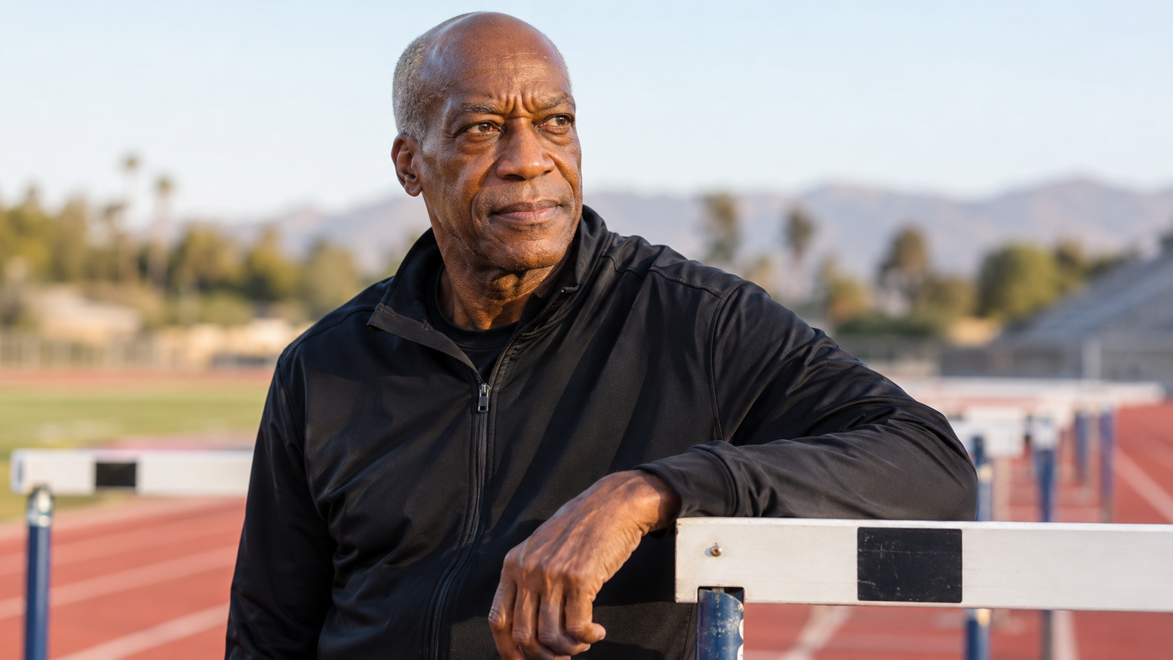 Photorealistic editorial portrait of Edwin Moses beside hurdles on a running track