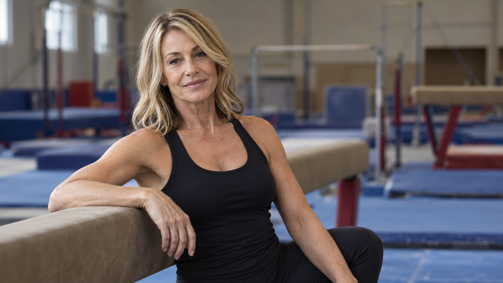 Photorealistic editorial portrait of Nadia Comăneci inside a quiet gymnastics hall