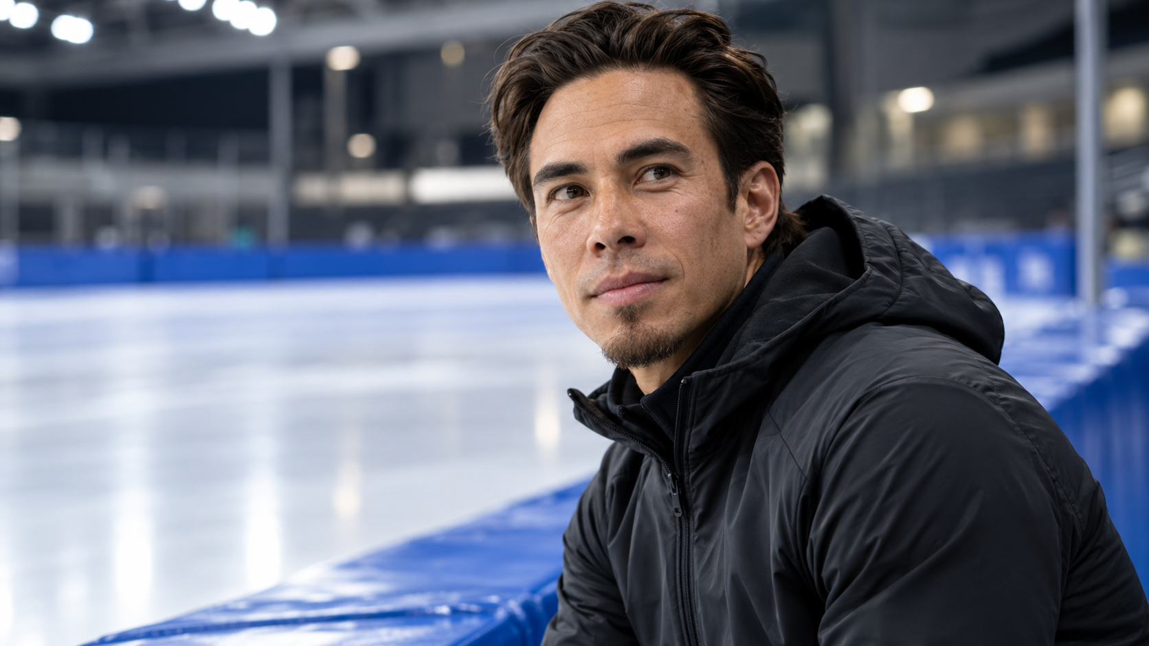 Photorealistic editorial portrait of Apolo Ohno beside a short-track speed skating rink