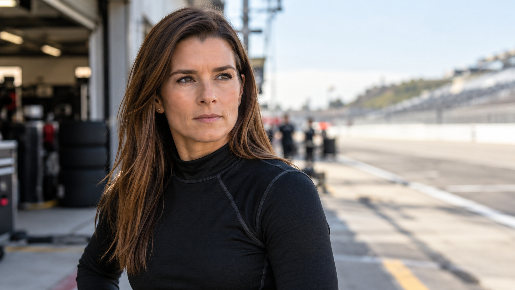 Photorealistic editorial portrait of Danica Patrick beside a race circuit garage