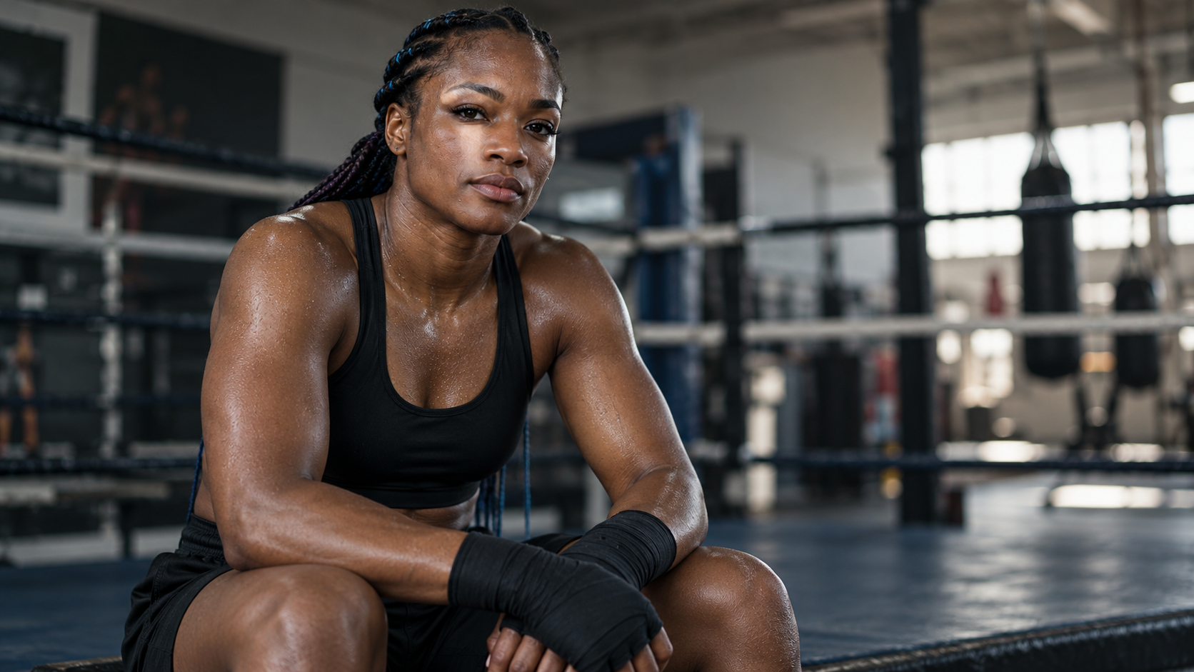 Photorealistic editorial portrait of Claressa Shields in a quiet boxing gym