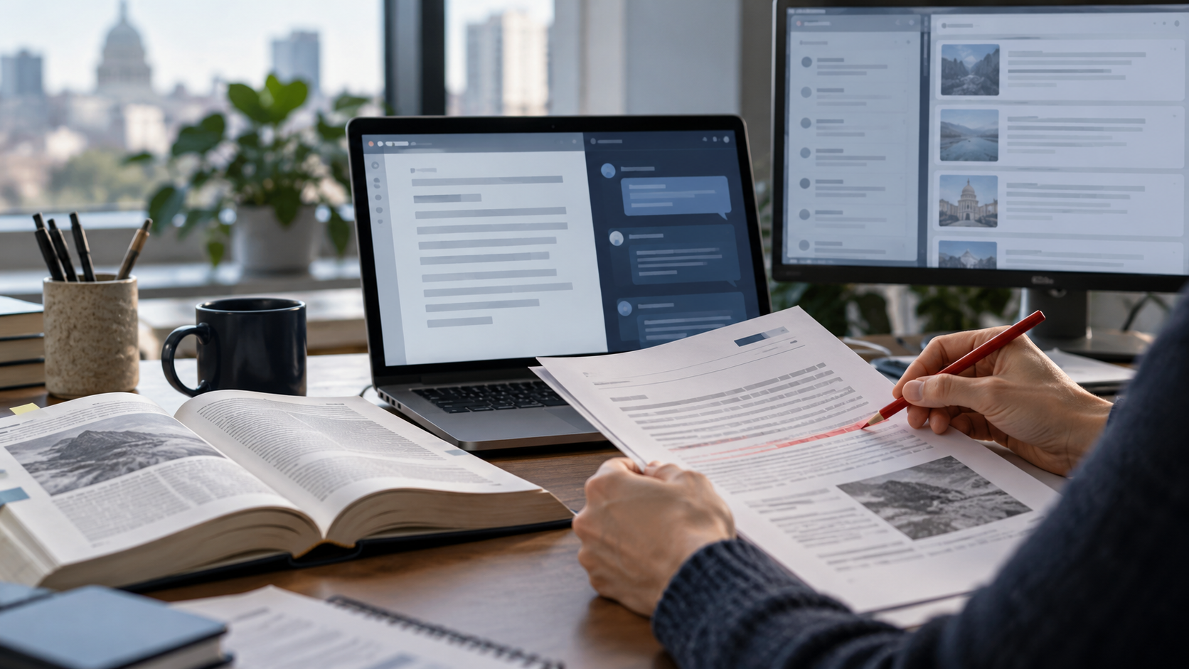 Editor fact-checking an AI-generated report against reference sources