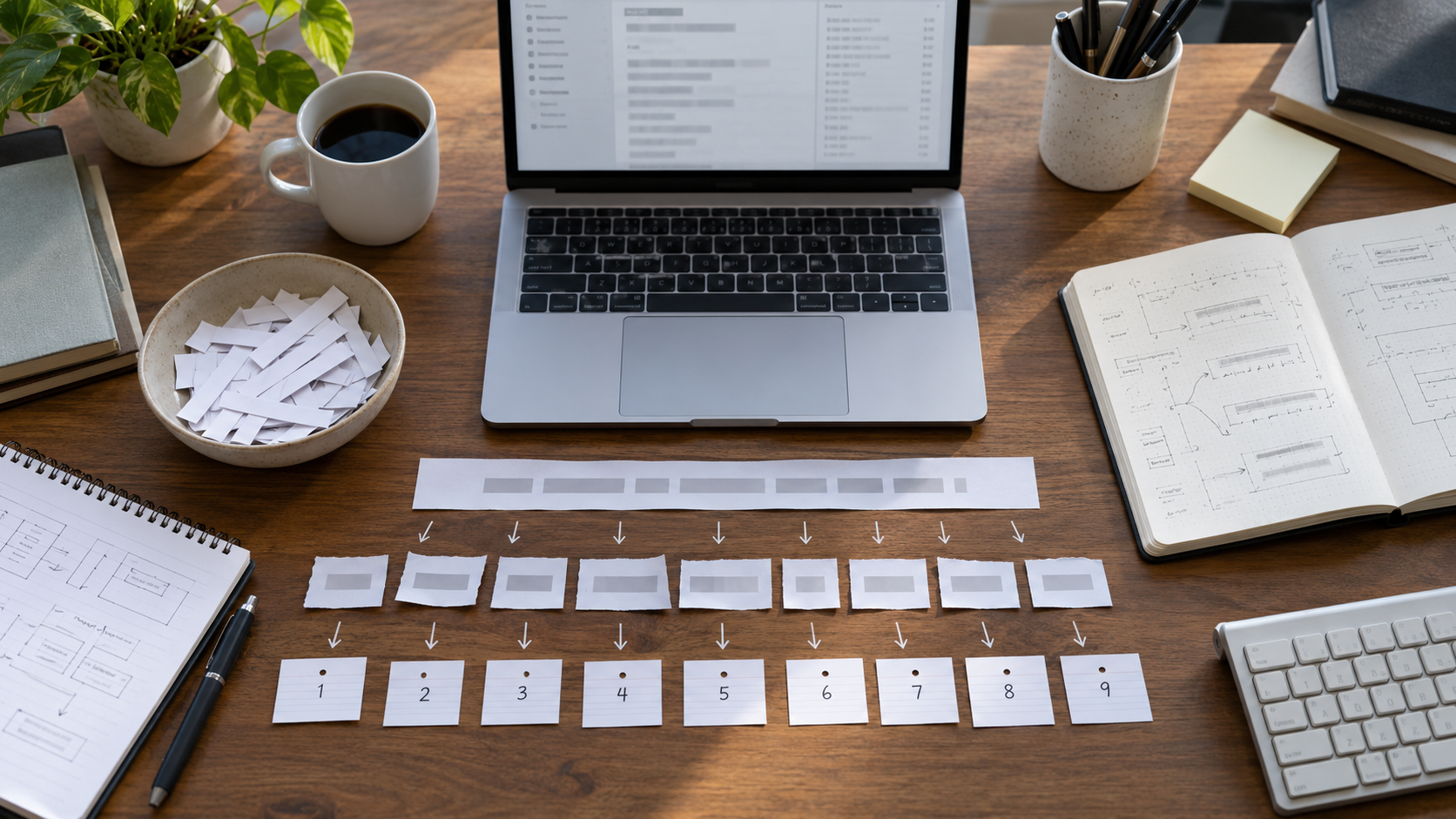 Overhead desk showing a sentence divided into token-sized paper pieces and numeric IDs