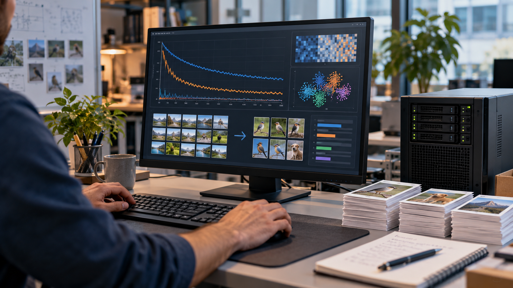 Engineer fine-tuning an AI model with specialized image data and training curves