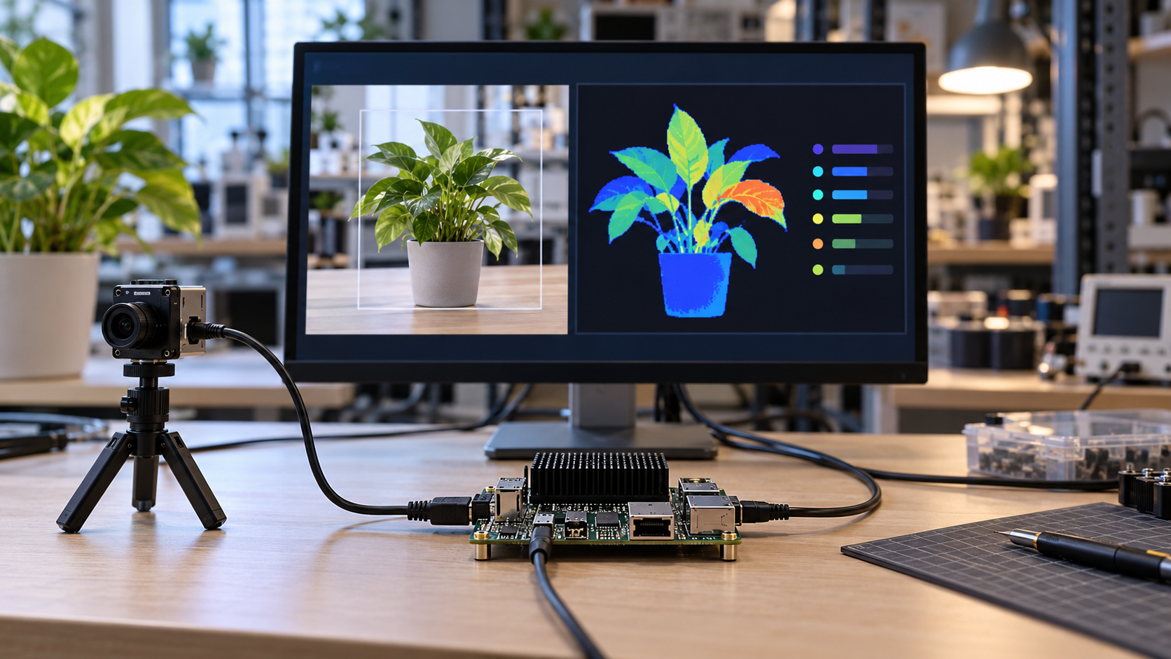 Edge AI processor running a live camera inference task on a plant