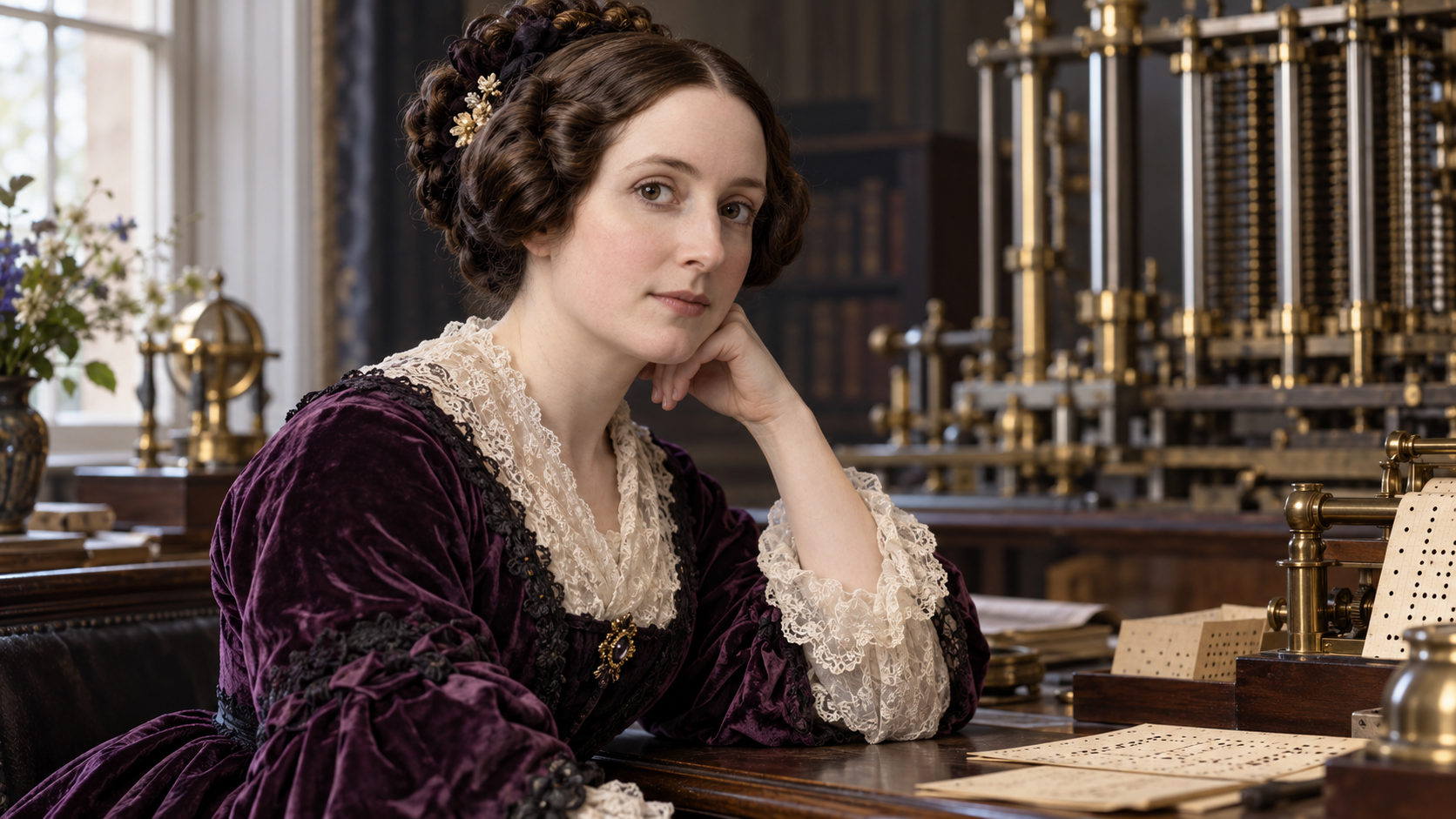 Editorial portrait of Ada Lovelace beside the brass mechanisms of an early analytical engine