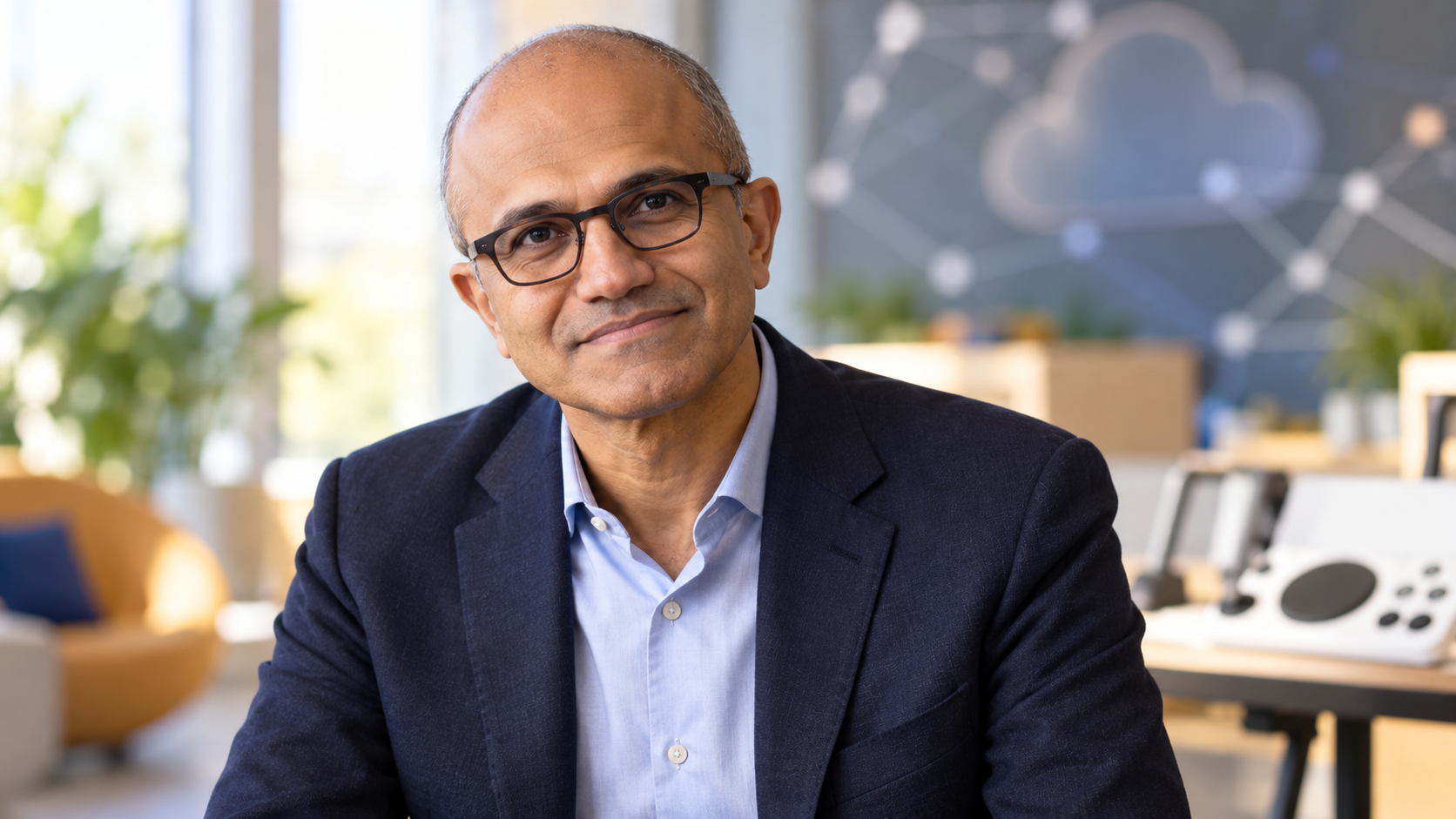 Editorial portrait of Satya Nadella in a warm modern technology workspace with abstract AI light forms