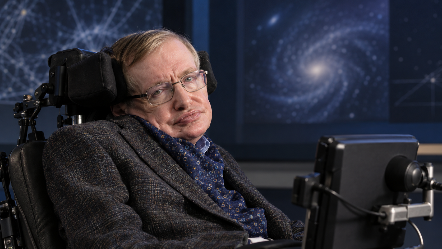 Editorial portrait of Stephen Hawking in a Cambridge lecture hall with a cosmic artificial intelligence motif