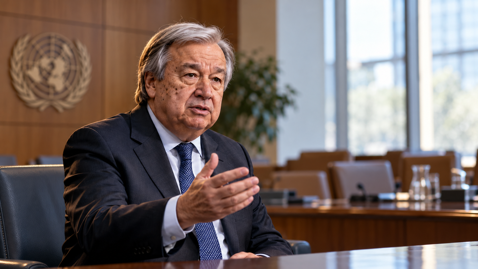 António Guterres in a realistic editorial setting — AI Quote of the Day