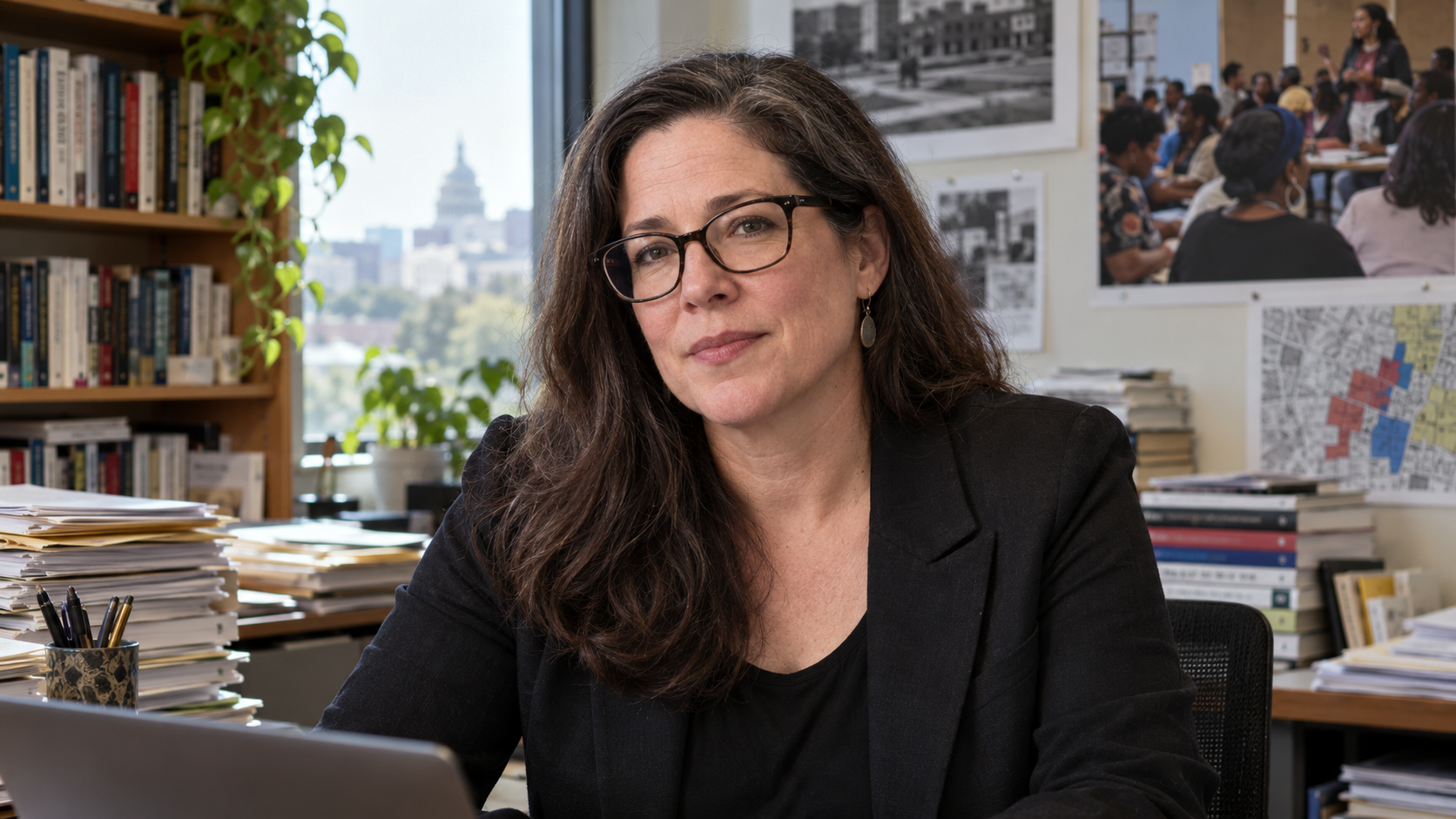 Photorealistic editorial portrait of Virginia Eubanks in a public-policy research office