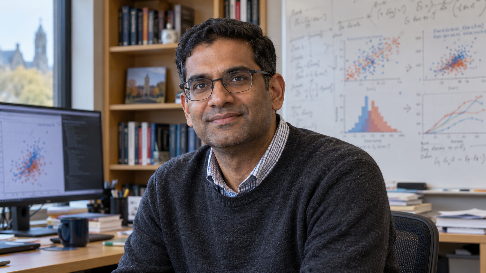 Photorealistic editorial portrait of Arvind Narayanan in a university computer science research office