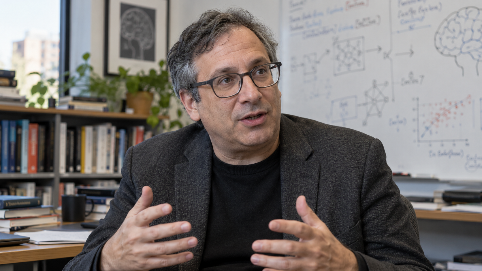 Photorealistic editorial portrait of Gary Marcus in an AI research discussion setting