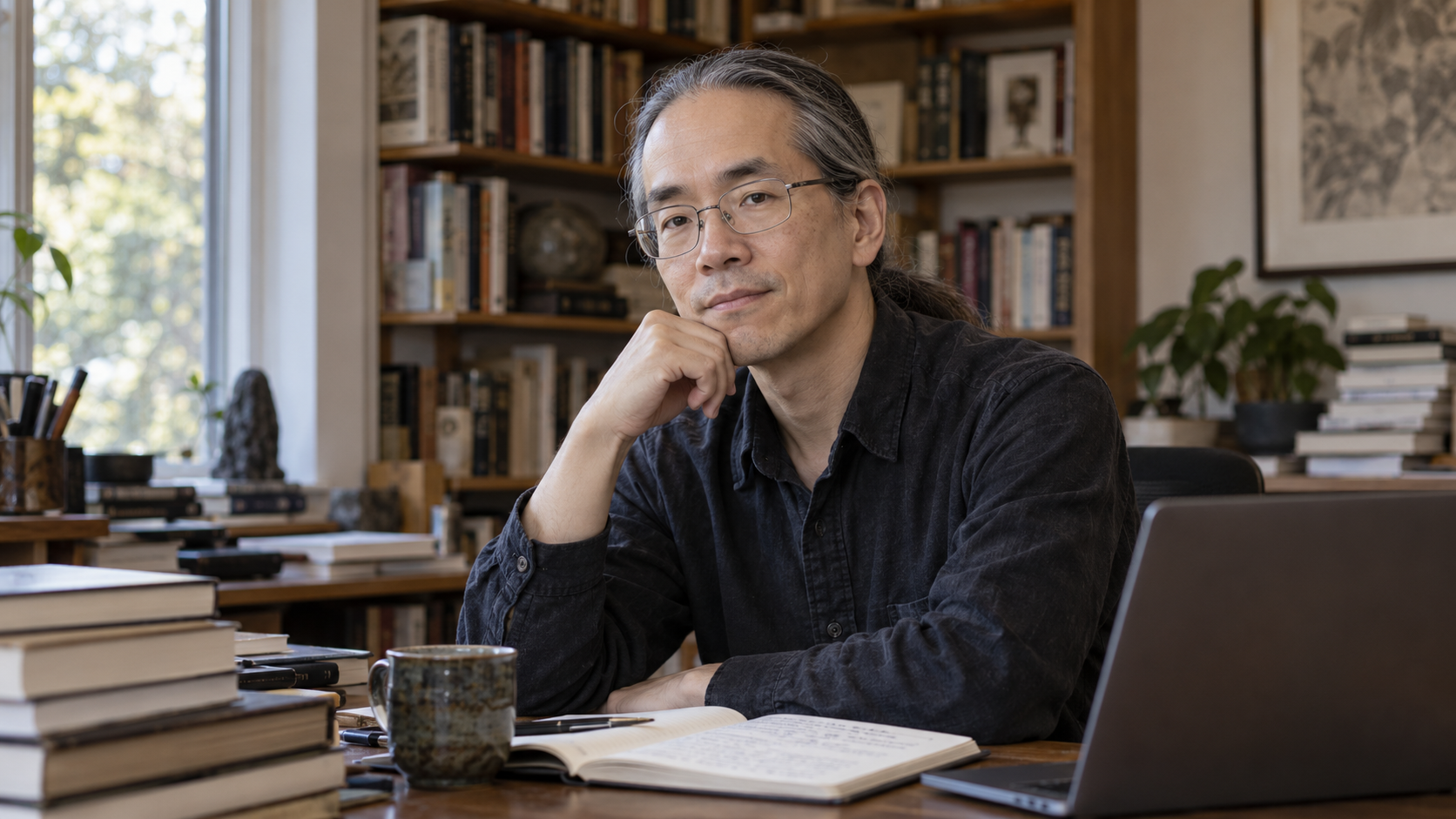 Photorealistic editorial portrait of Ted Chiang in a quiet writing studio with books and a laptop