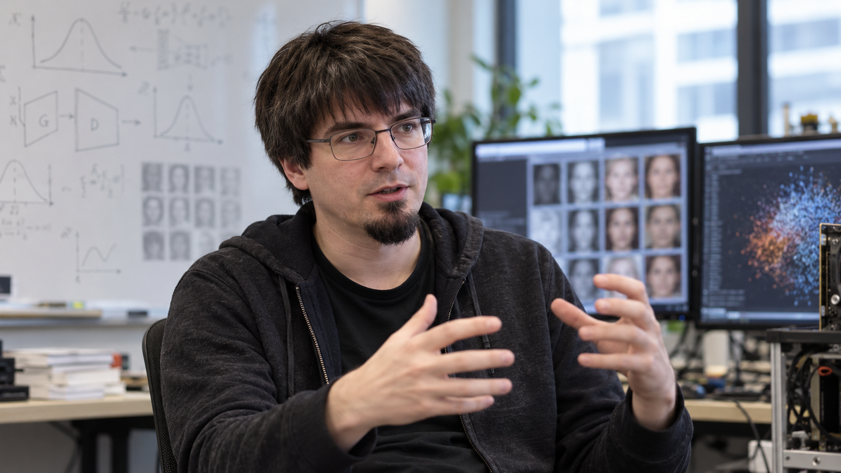 Photorealistic editorial portrait of Ian Goodfellow discussing generative adversarial networks in a machine learning lab