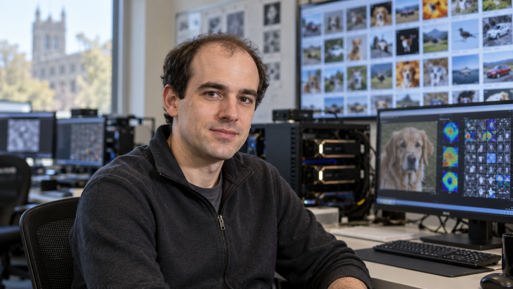 Photorealistic editorial portrait of Alex Krizhevsky in a computer vision research workspace