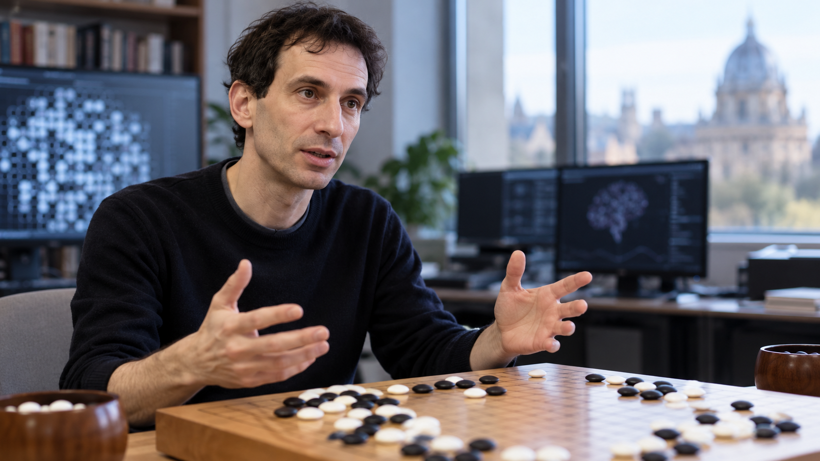 Photorealistic editorial portrait of David Silver beside a Go board in an AI research setting