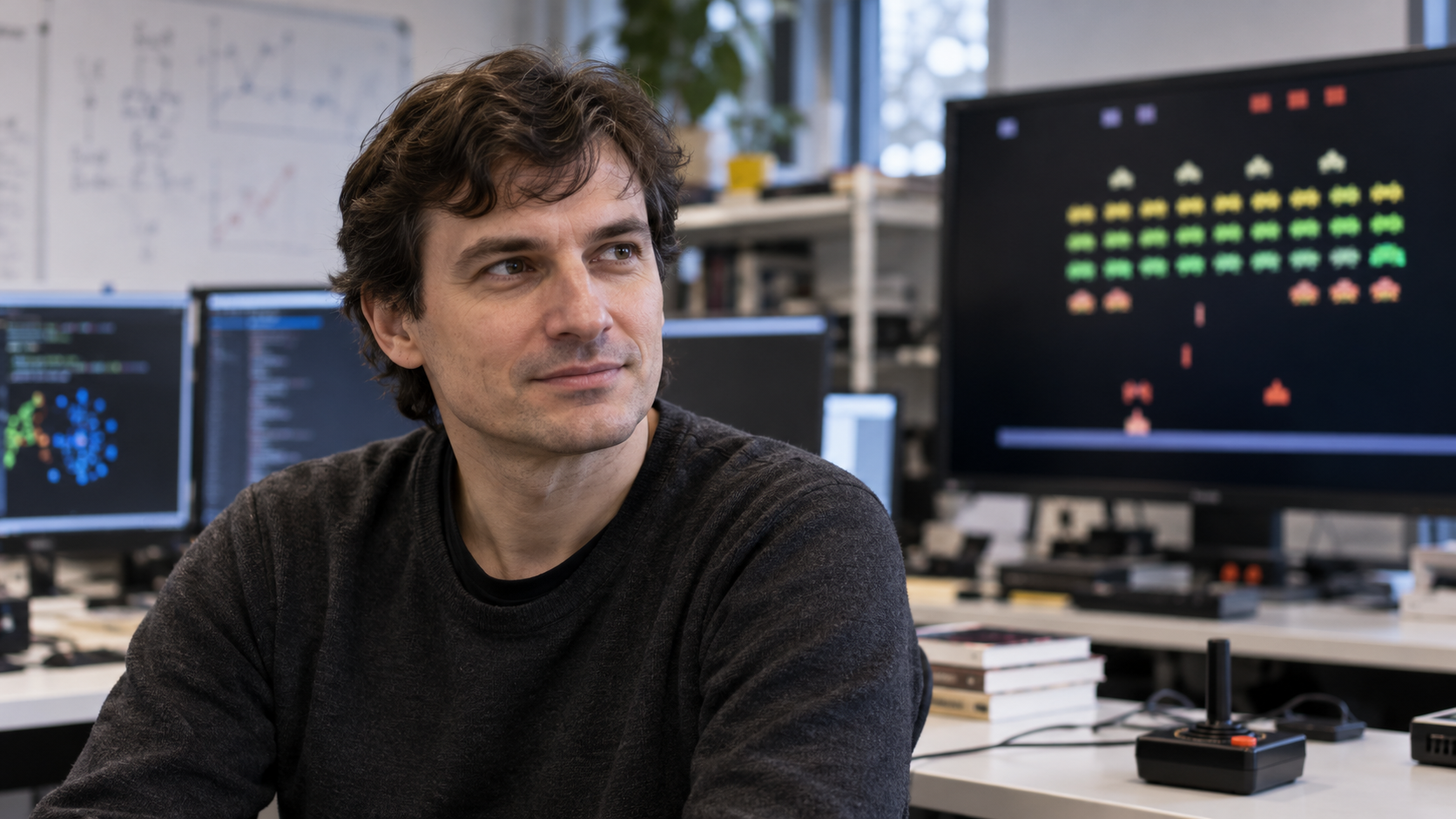 Photorealistic editorial portrait of Volodymyr Mnih in a reinforcement-learning laboratory with an Atari display