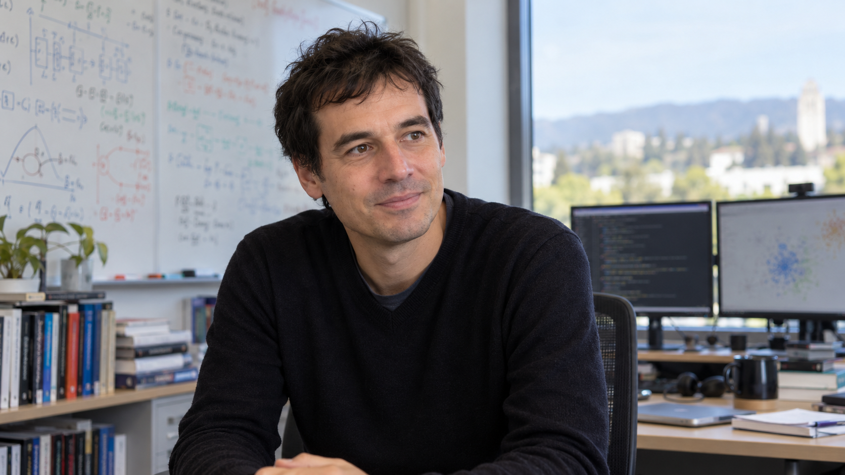 Photorealistic editorial portrait of Oriol Vinyals in a language AI research office