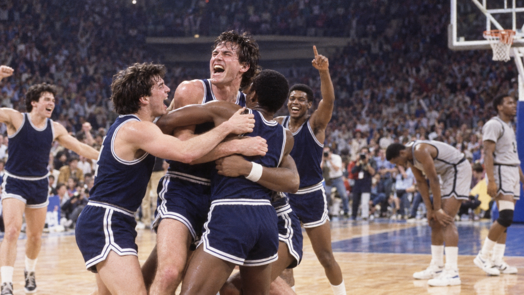 Photorealistic historical reconstruction of Villanova celebrating its 1985 championship upset of Georgetown.