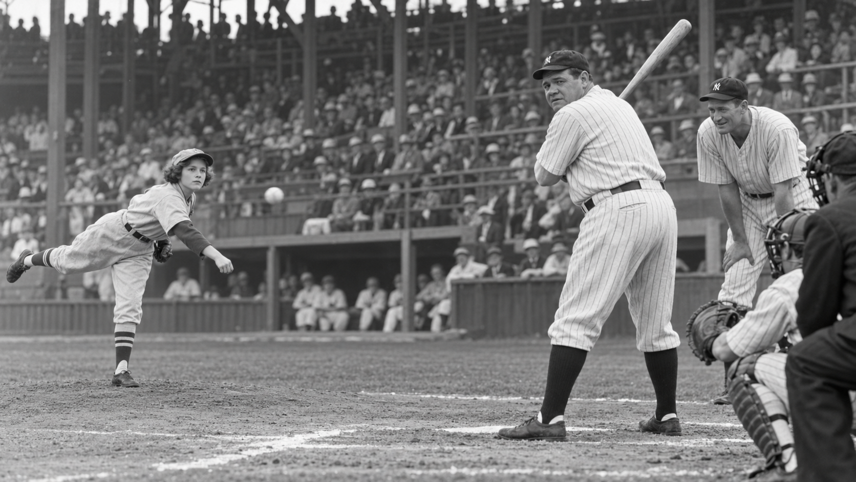 Photorealistic historical reconstruction of Jackie Mitchell pitching to Babe Ruth in Chattanooga in 1931.