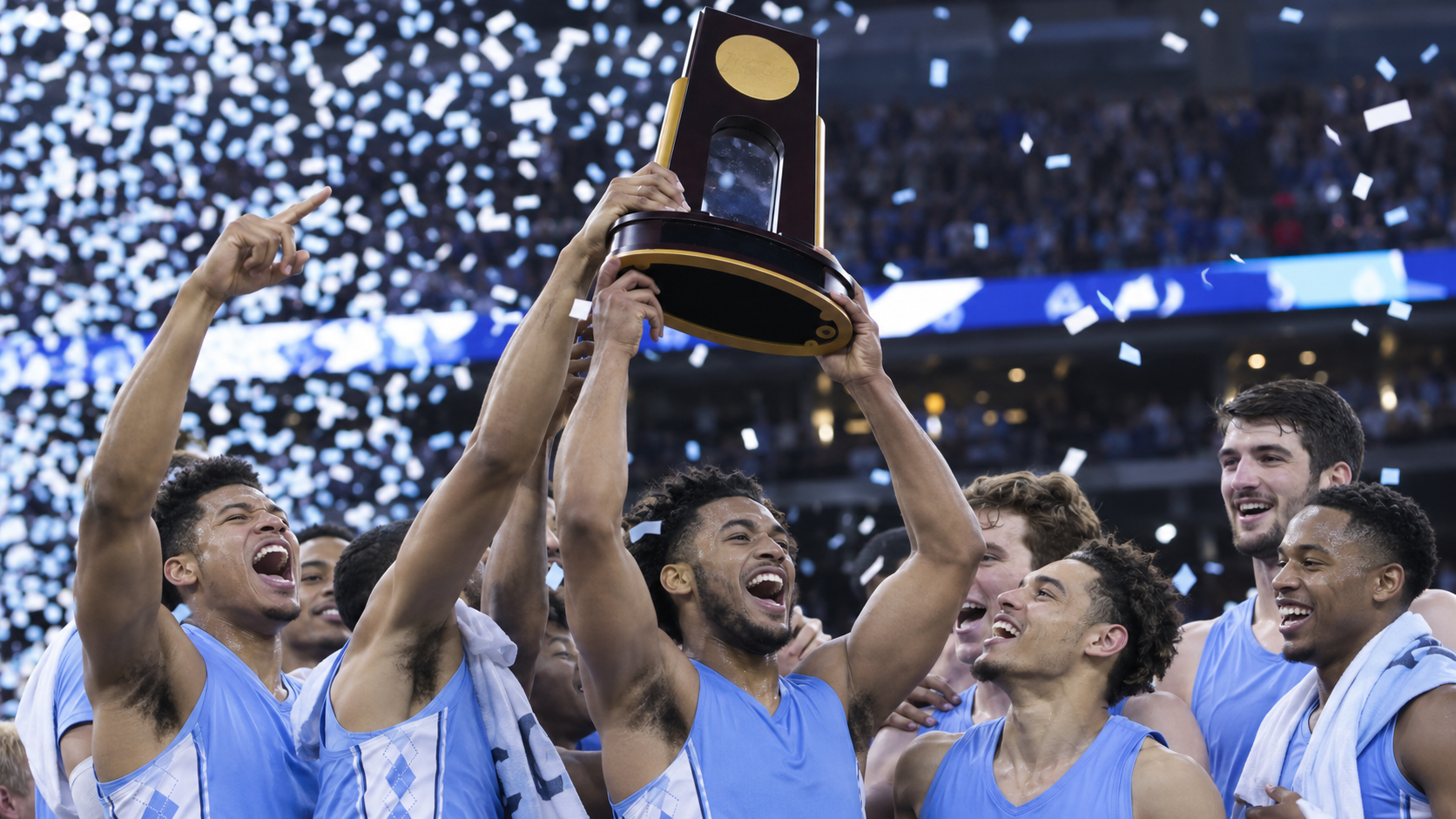 Photorealistic historical reconstruction of North Carolina celebrating the 2017 NCAA basketball championship.